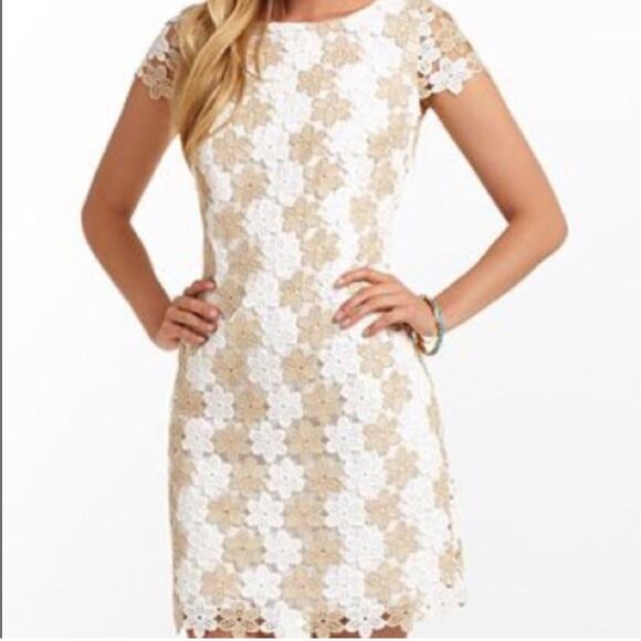 Lilly Pulitzer Dresses & Skirts - Lilly Pulitzer Barbara Two Tone Truly Petal Lace Shift Dress Womens 4 White Gold
